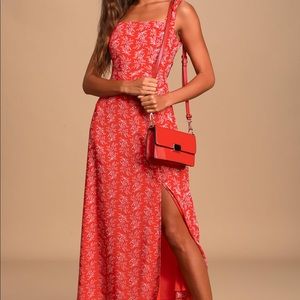 Lulus red print lace up backless dress.